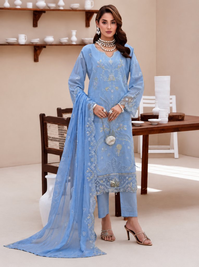 Queen of Hearts Suit - Dr Haris embroidered chamki lawn side view with dupatta